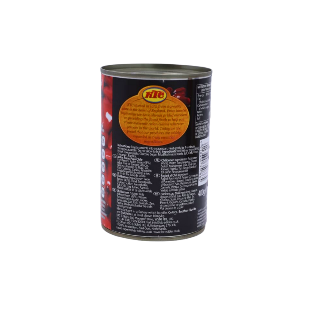 Back of the KTC Chilli Beans 400g pack showing the ingredients and cooking instructions