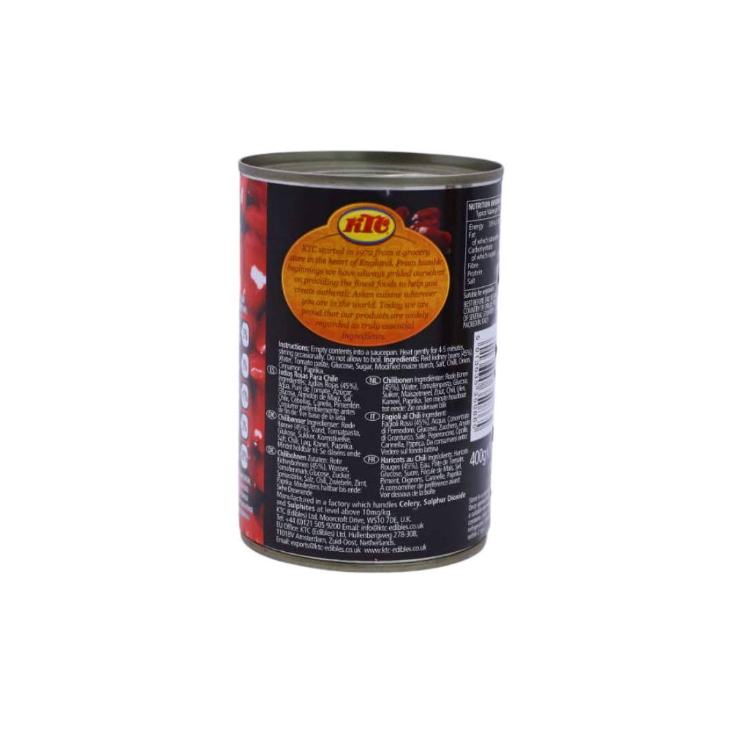 Back of the KTC Chilli Beans 400g pack showing the ingredients and cooking instructions