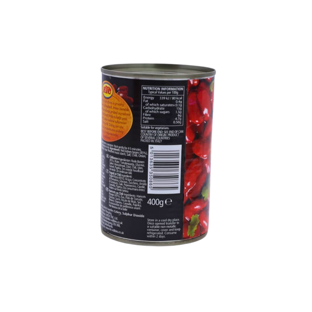 Nutrition information panel on the KTC Chilli Beans 400g pack