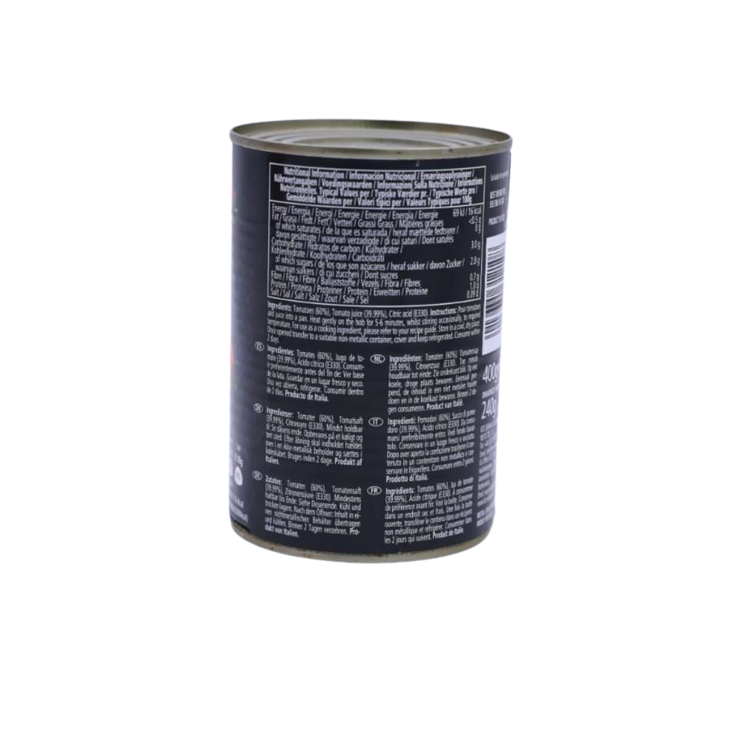 Back of the KTC Chopped Tomatoes 400g pack showing the ingredients and cooking instructions