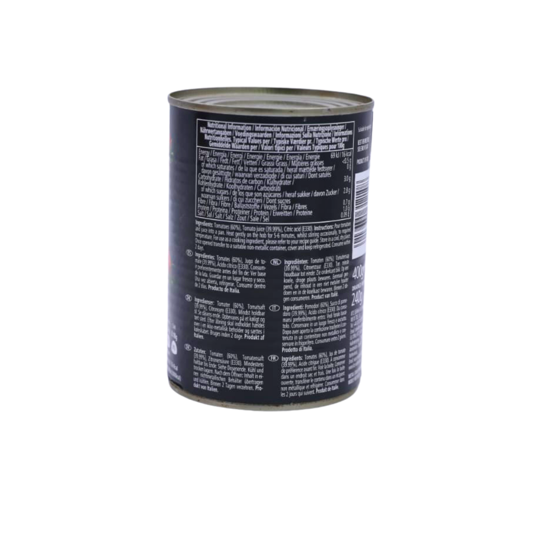 Back of the KTC Chopped Tomatoes 400g pack showing the ingredients and cooking instructions