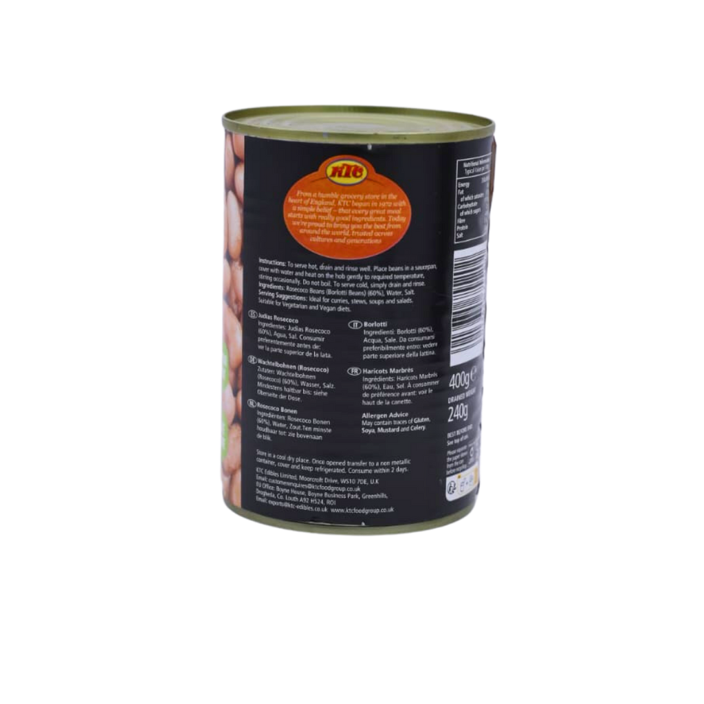 Back of the KTC Rosecoco Beans 400g pack showing the ingredients and cooking instructions