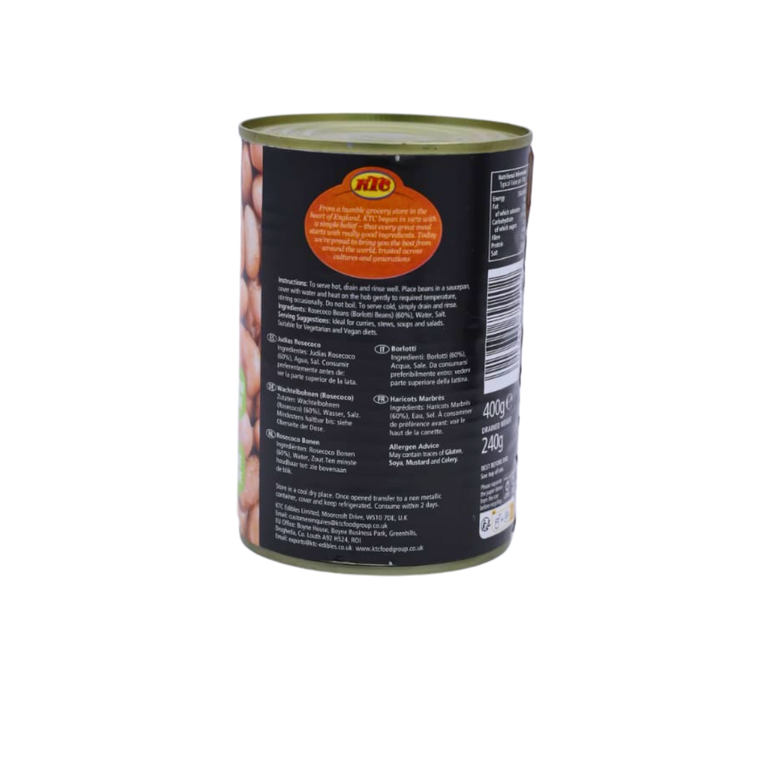 Back of the KTC Rosecoco Beans 400g pack showing the ingredients and cooking instructions