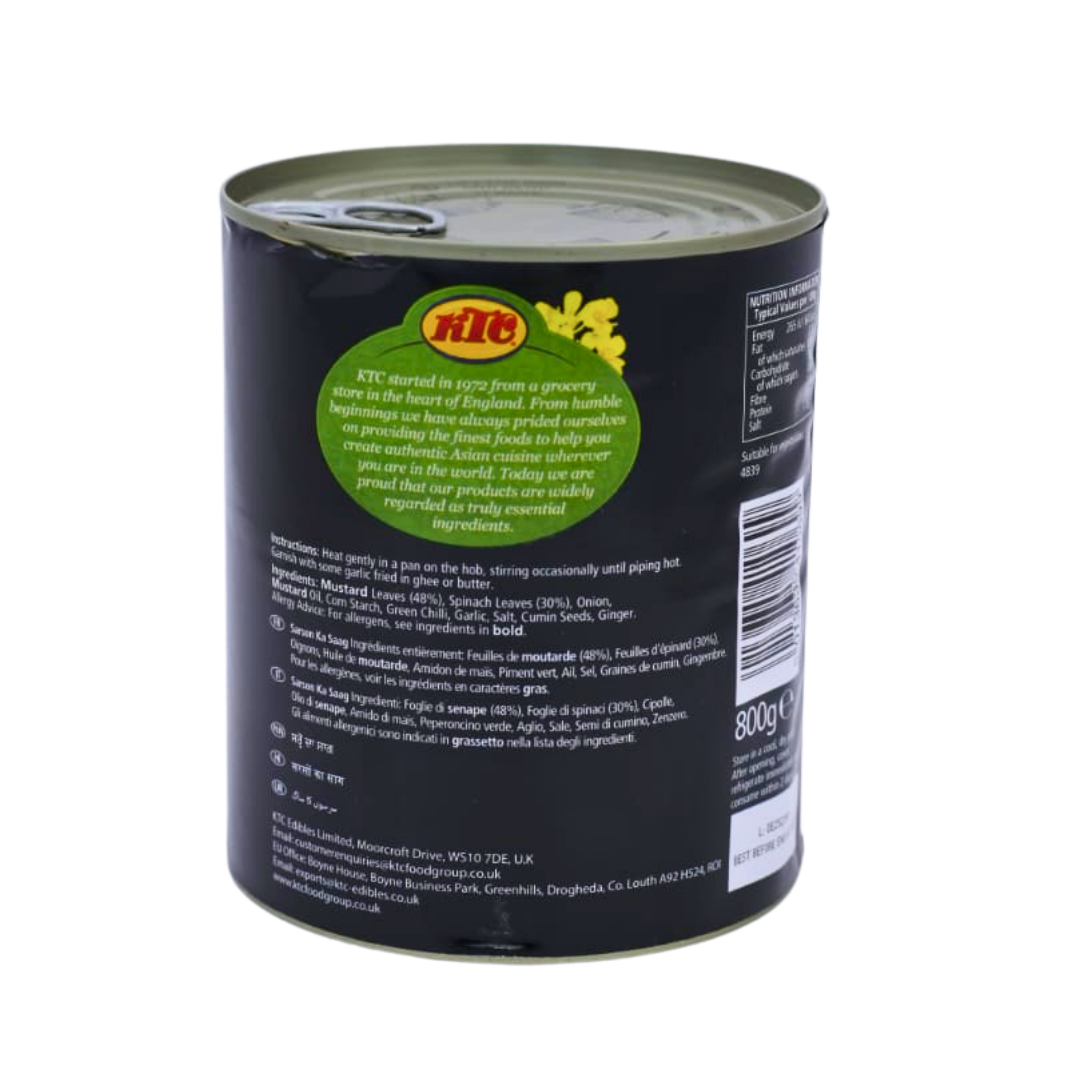 Back of the KTC Sarson Ka Saag 800g pack showing the ingredients and cooking instructions