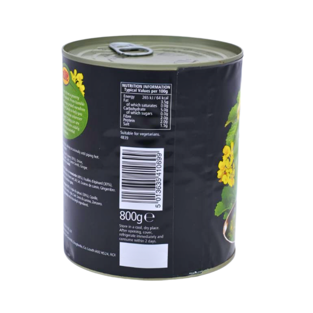 Nutrition information panel on the KTC Sarson Ka Saag 800g pack