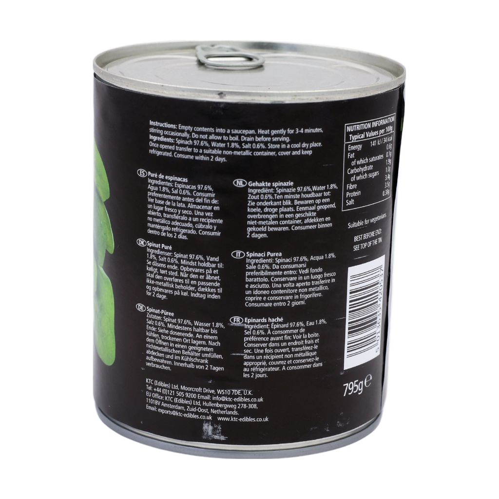 Back of the KTC Spinach Puree 795g pack showing the ingredients and cooking instructions