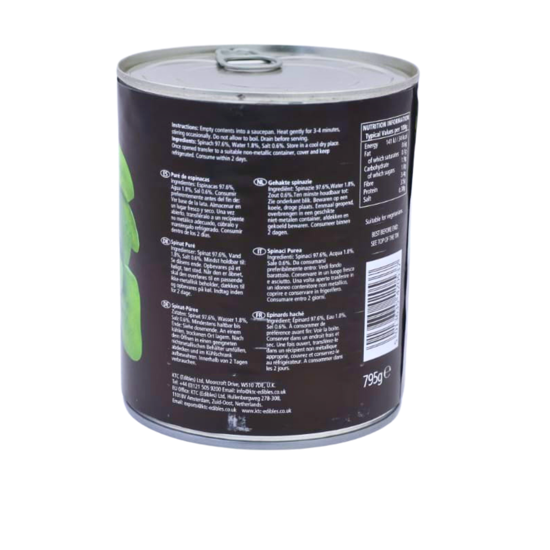 Back of the KTC Spinach Puree 795g pack showing the ingredients and cooking instructions