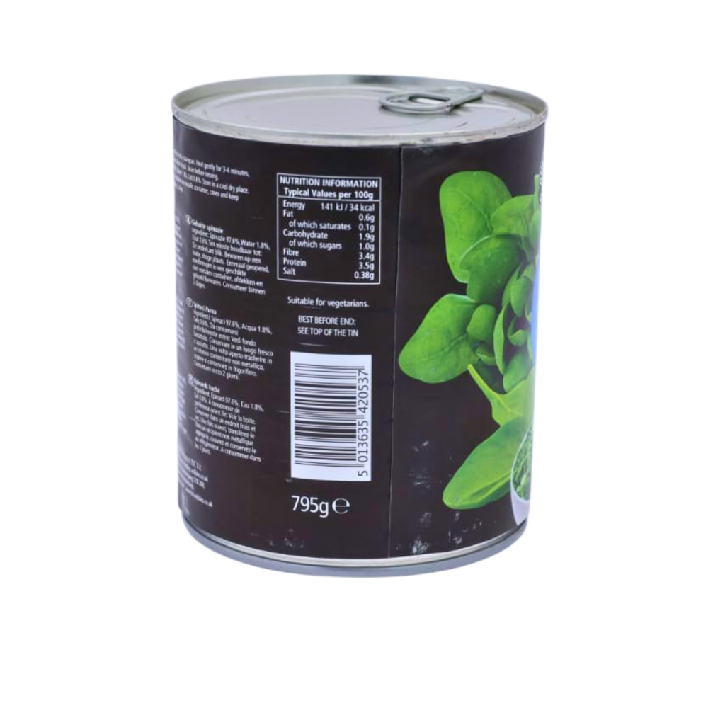 Nutrition information panel on the KTC Spinach Puree 795g pack