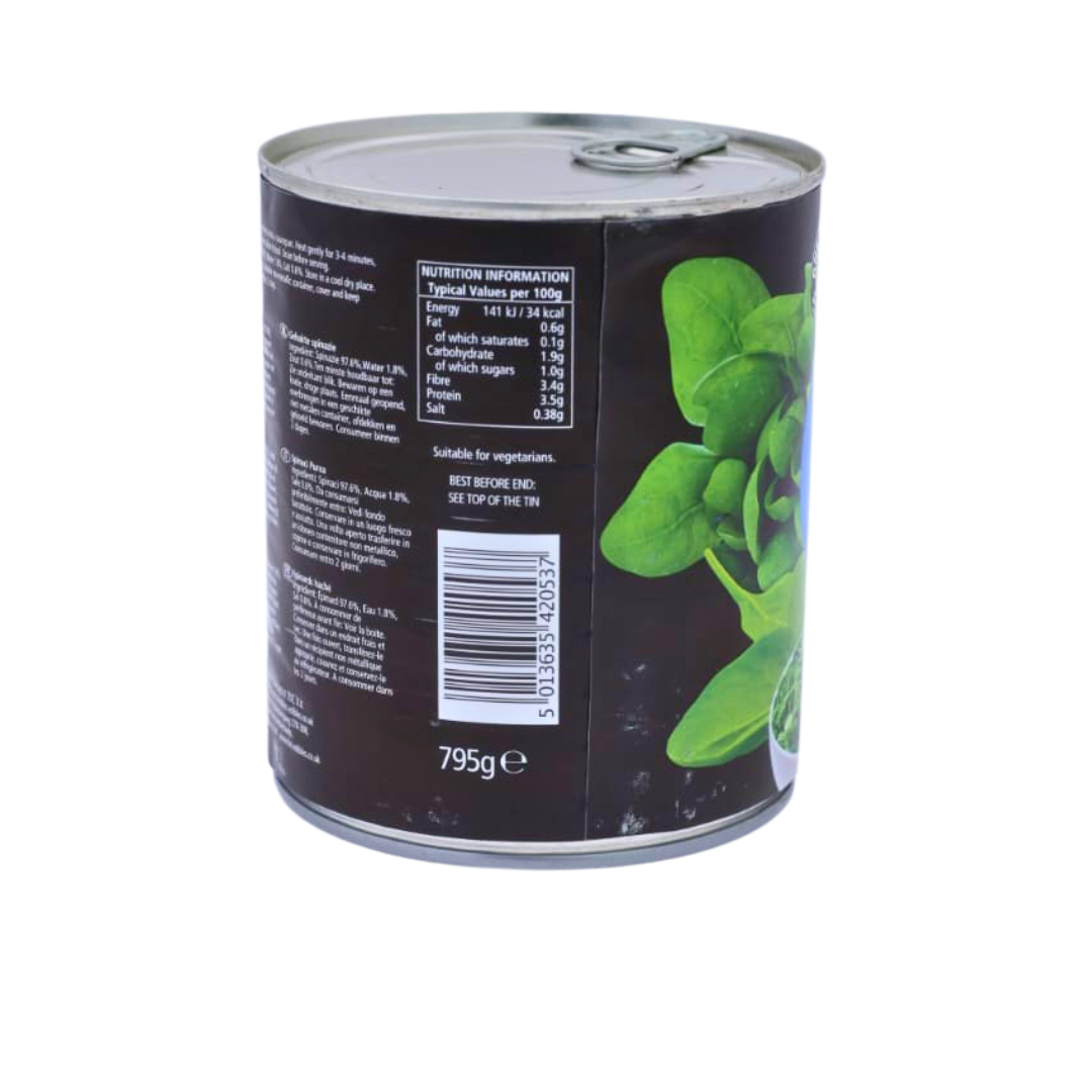 Nutrition information panel on the KTC Spinach Puree 795g pack