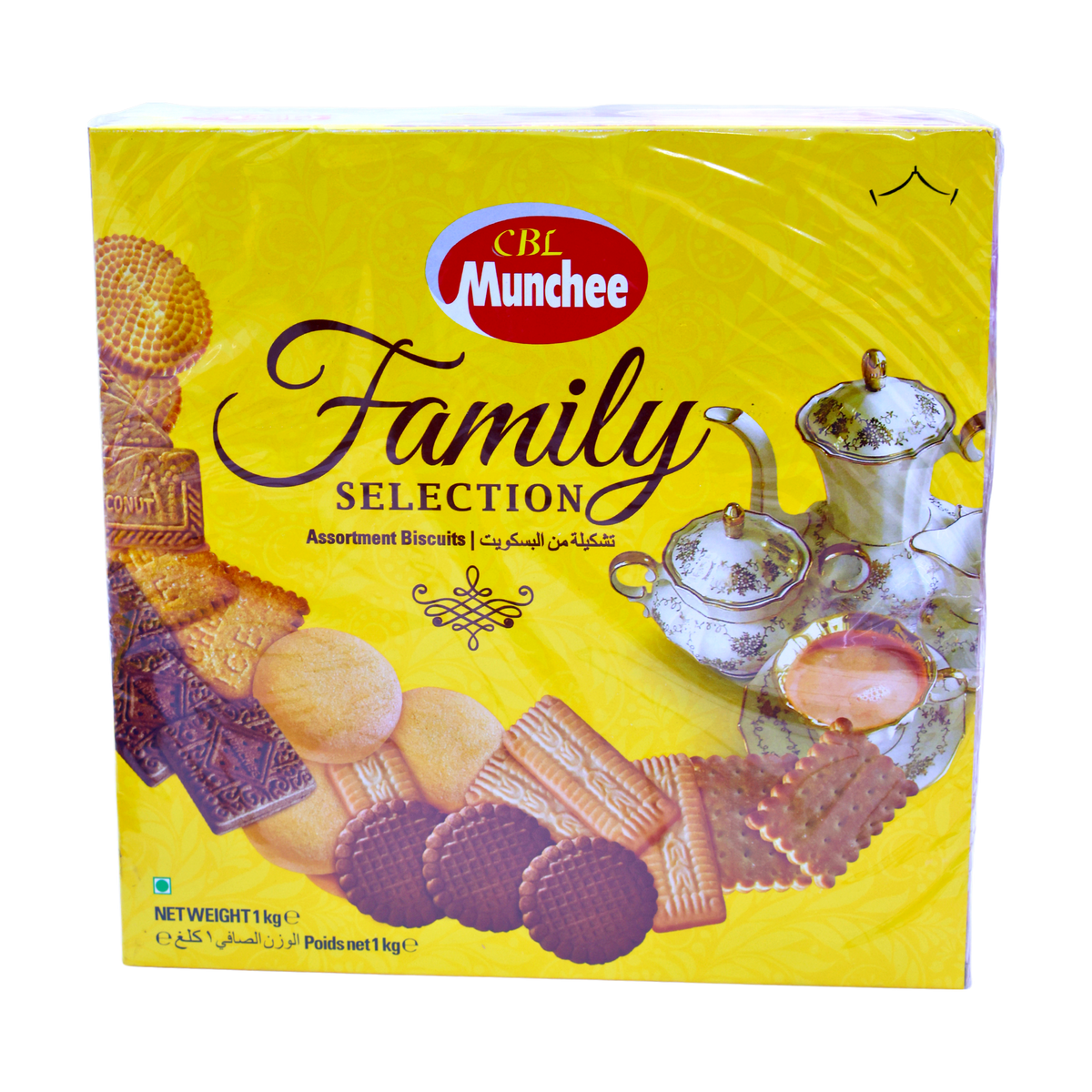 Munchee Family Selection Assorted Biscuits 1kg (Yellow Box), front of pack