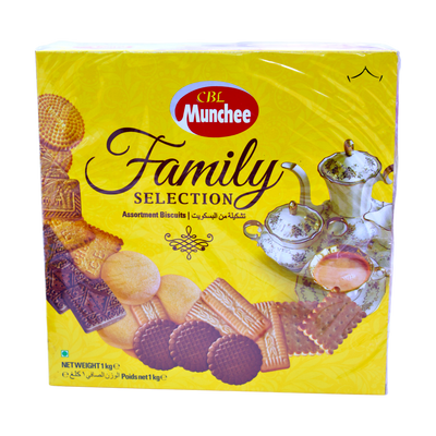 Munchee Family Selection Assorted Biscuits 1kg (Yellow Box), front of pack