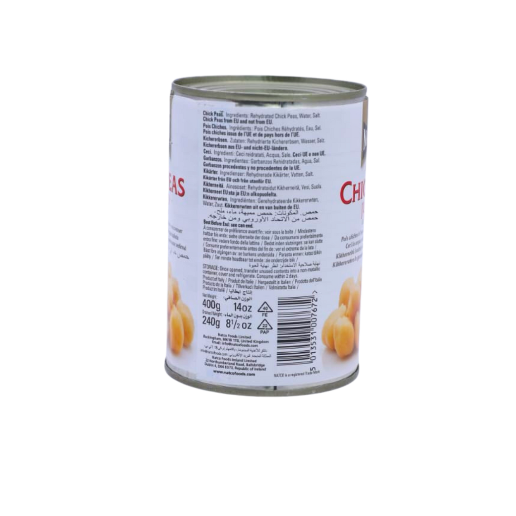Back of the Natco Boiled Chick Peas Jumbo 400g pack showing the ingredients and cooking instructions
