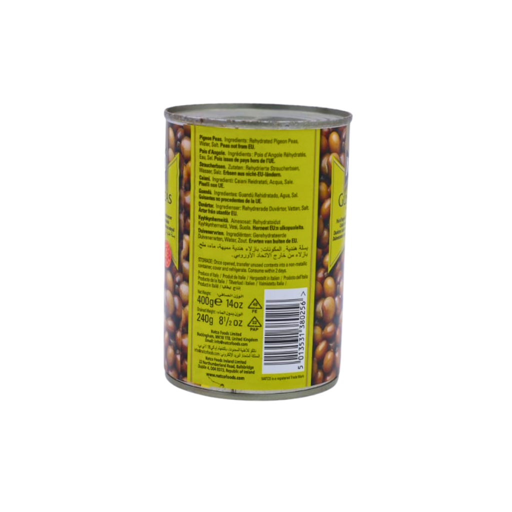 Back of the Natco Gungo Peas 400g pack showing the ingredients and cooking instructions