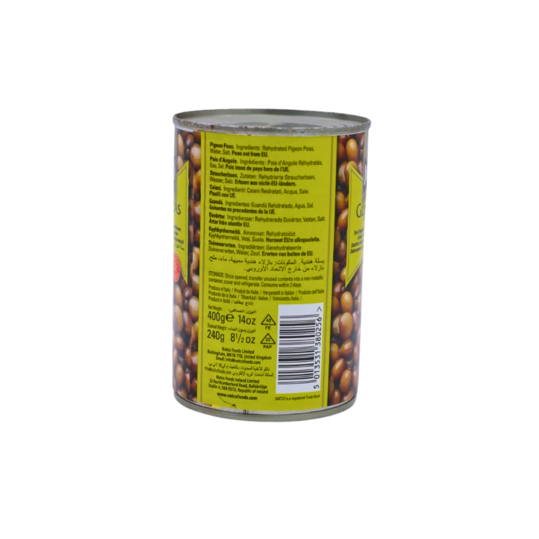 Back of the Natco Gungo Peas 400g pack showing the ingredients and cooking instructions