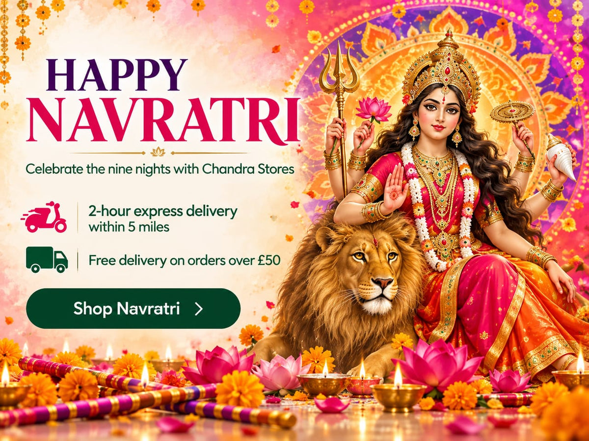 Happy Navratri. Goddess Durga seated on her lion among lotuses, marigolds and diyas. Celebrate the nine nights with Chandra Stores: 2-hour express delivery within 5 miles and free delivery on orders over £50. Shop Navratri