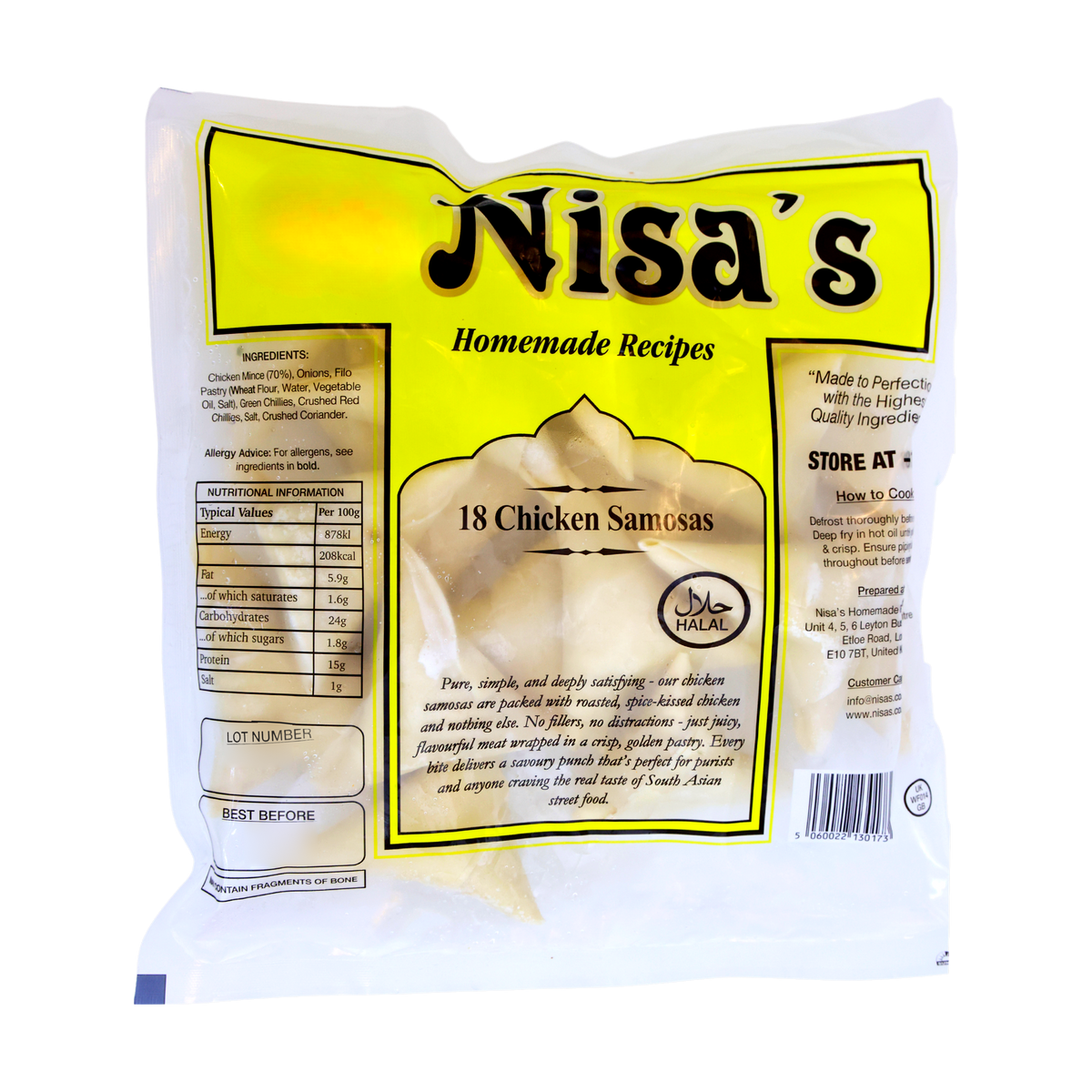 Nisa's Chicken Samosas 18 Pieces, front of pack