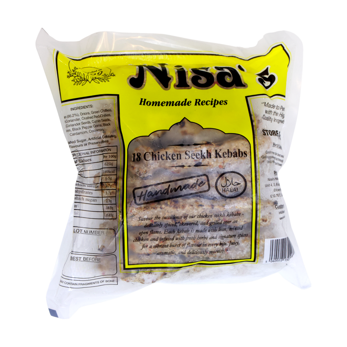 Nisa's Chicken Seekh Kebabs 18 Pieces, front of pack