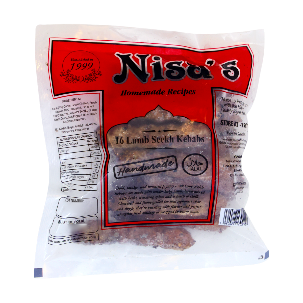 Nisa's Lamb Seekh Kebabs 16 Pieces, front of pack