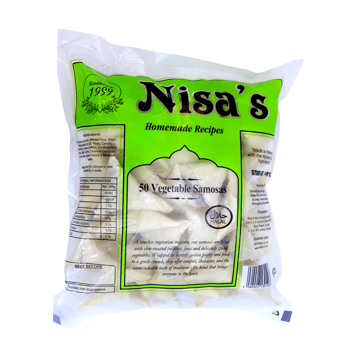 Nisa's Vegetable Samosas 50 Pieces, front of pack