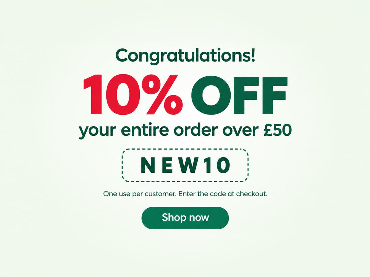 Congratulations. 10% off your entire order over £50 with code NEW10. One use per customer. Enter the code at checkout. Shop now.
