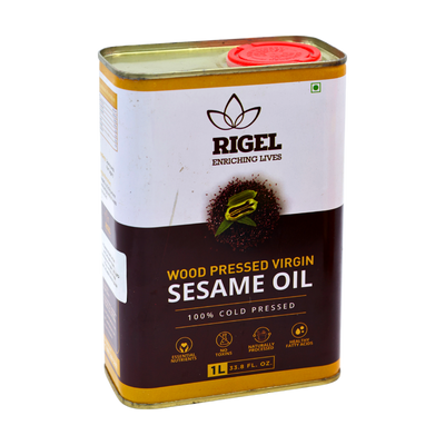 Rigel Wood Pressed Virgin Sesame Oil 1L, front of pack