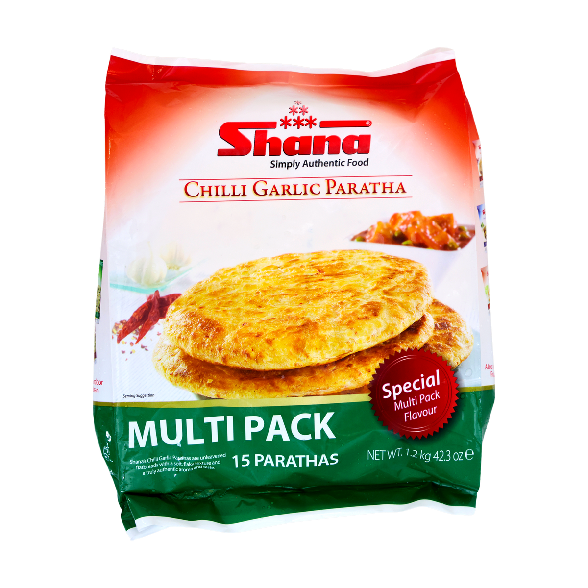 Shana Chilli Garlic Paratha Multi Pack 15 Pieces 1.2kg, front of pack