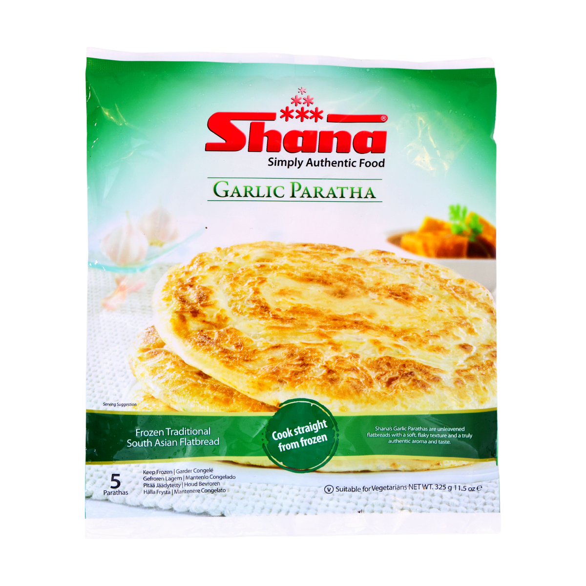 Shana Garlic Paratha 5 Pieces 325g, front of pack