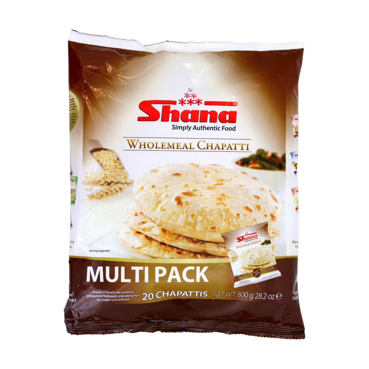 Shana Wholemeal Chapatti Multi Pack 20 Pieces 800g, front of pack