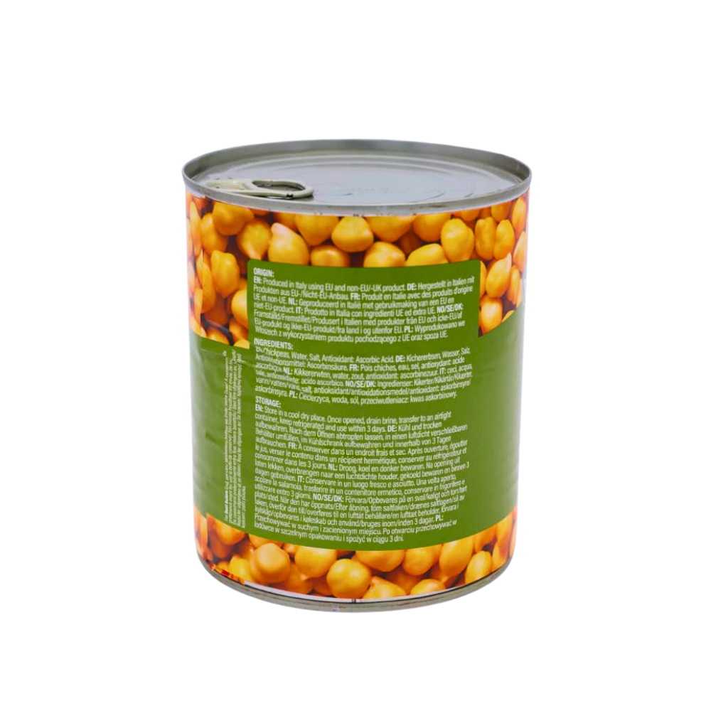 Back of the TRS Boiled Chickpeas 800g pack showing the ingredients and cooking instructions