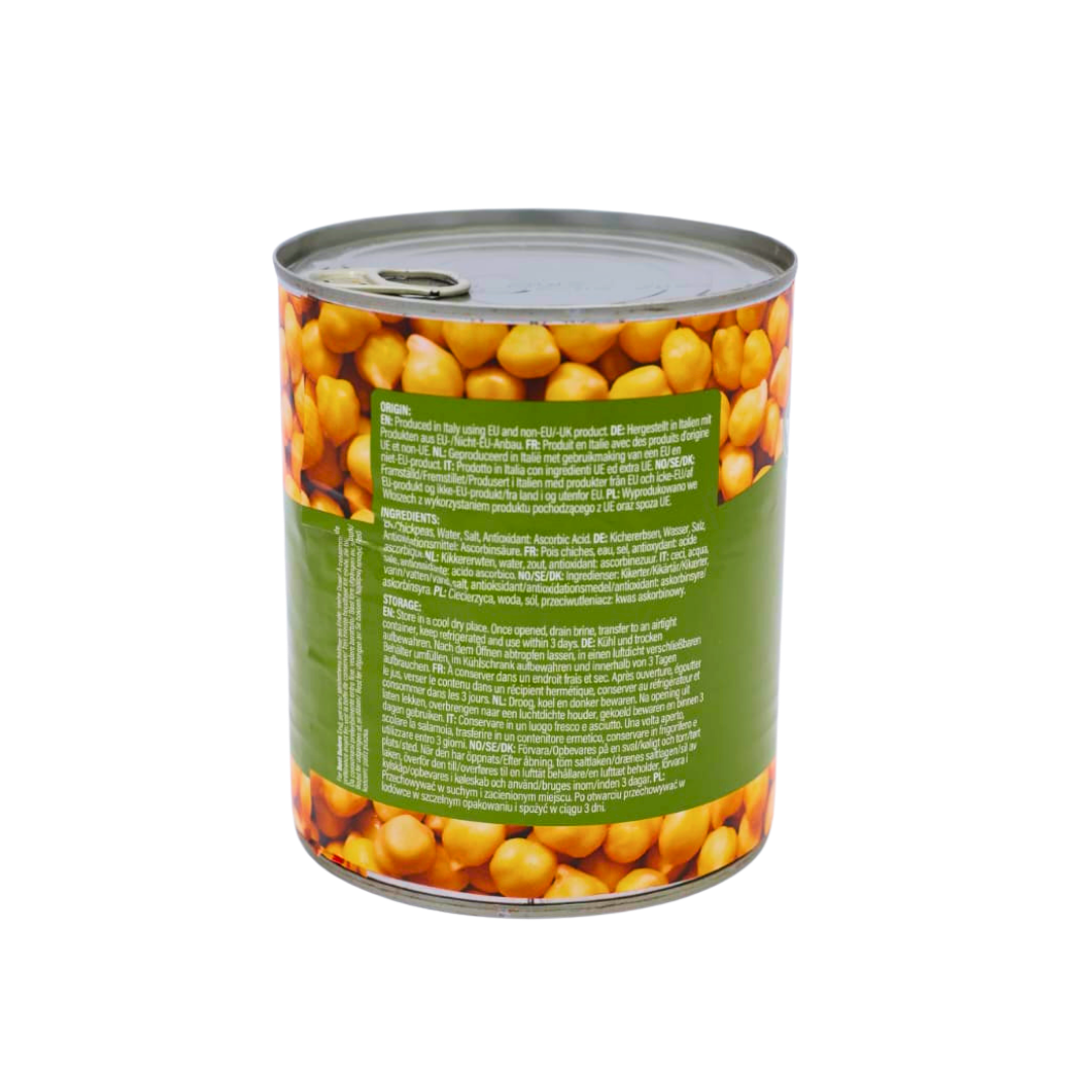 Back of the TRS Boiled Chickpeas 800g pack showing the ingredients and cooking instructions