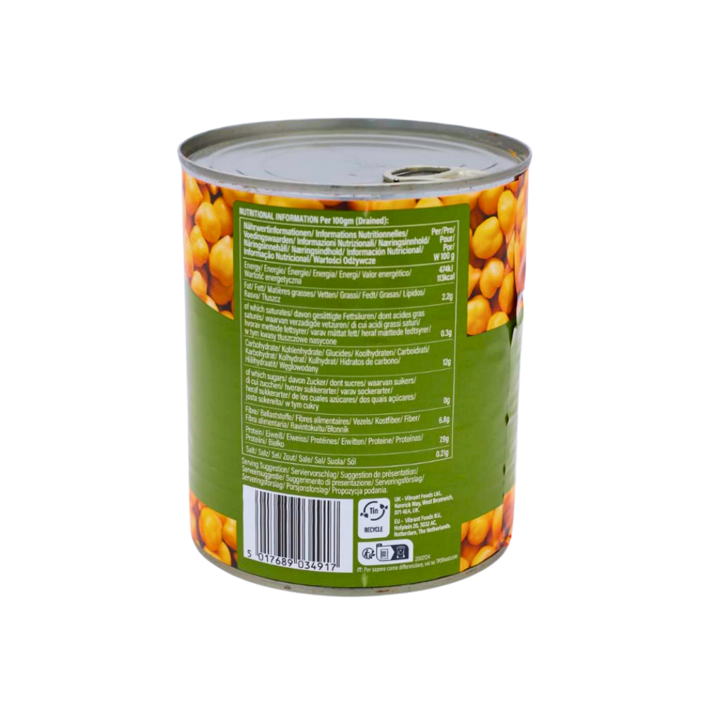 Nutrition information panel on the TRS Boiled Chickpeas 800g pack