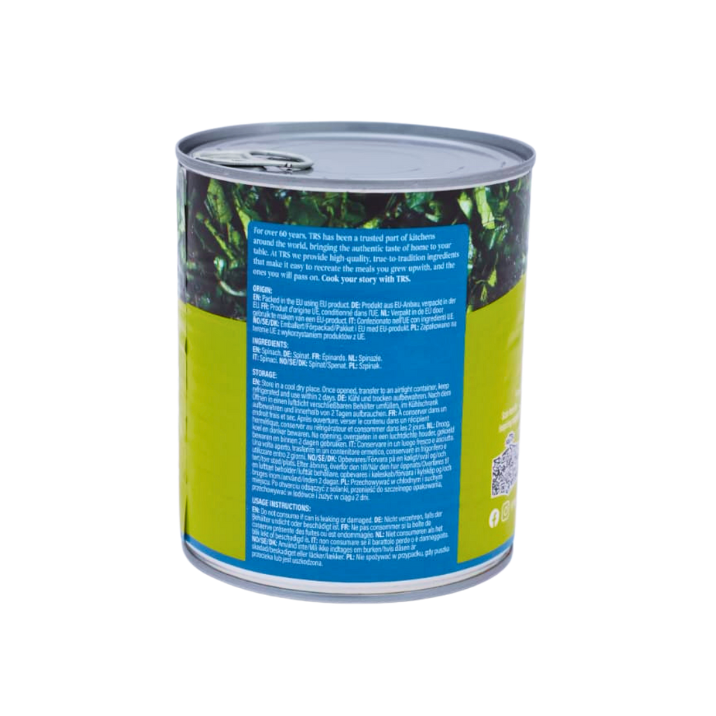 Back of the TRS Chopped Spinach 795g pack showing the ingredients and cooking instructions