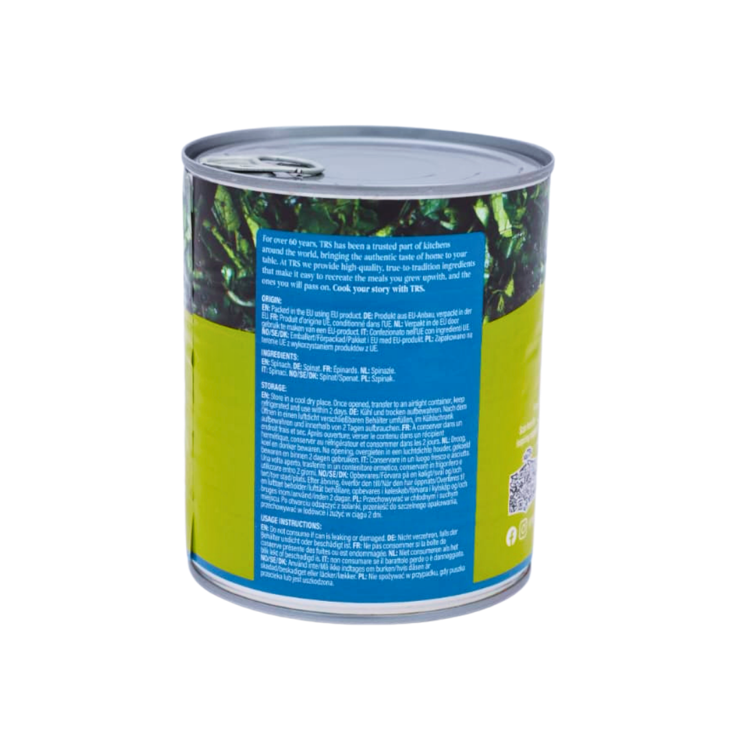 Back of the TRS Chopped Spinach 795g pack showing the ingredients and cooking instructions