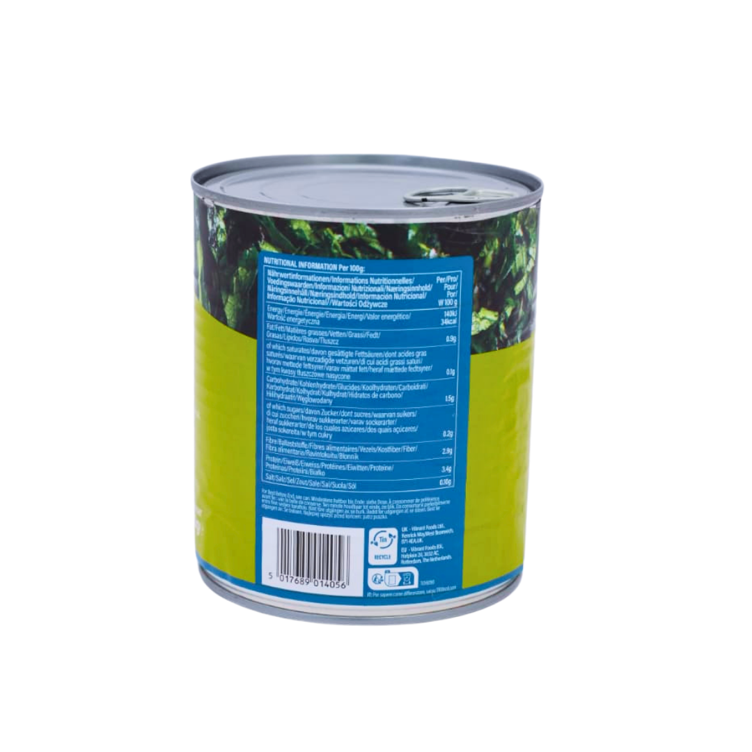 Nutrition information panel on the TRS Chopped Spinach 795g pack