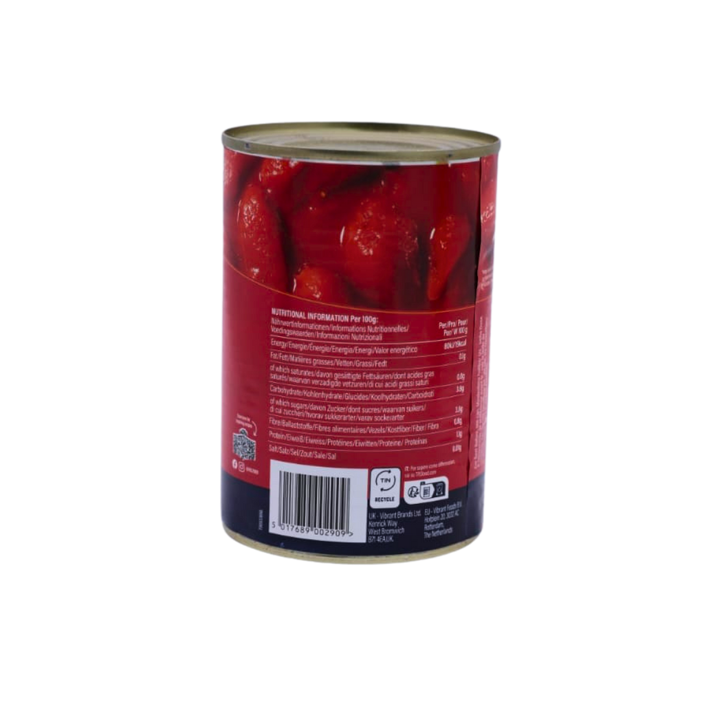 Nutrition information panel on the TRS Italian Peeled Plum Tomatoes 400g pack