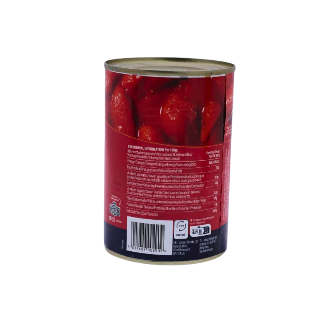 Nutrition information panel on the TRS Italian Peeled Plum Tomatoes 400g pack