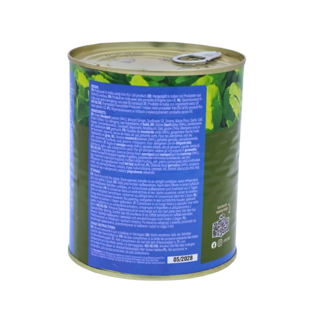Back of the TRS Sarson Ka Saag 850g pack showing the ingredients and cooking instructions