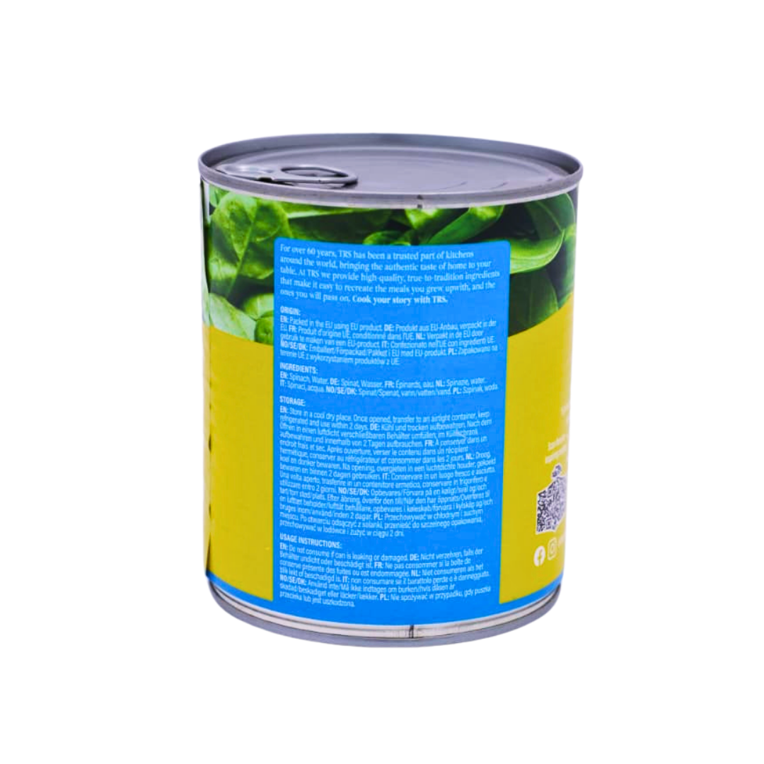 Back of the TRS Spinach Leaf 765g pack showing the ingredients and cooking instructions