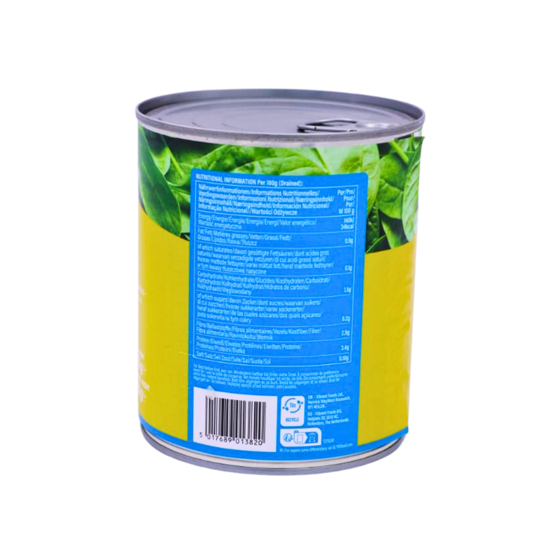 Nutrition information panel on the TRS Spinach Leaf 765g pack