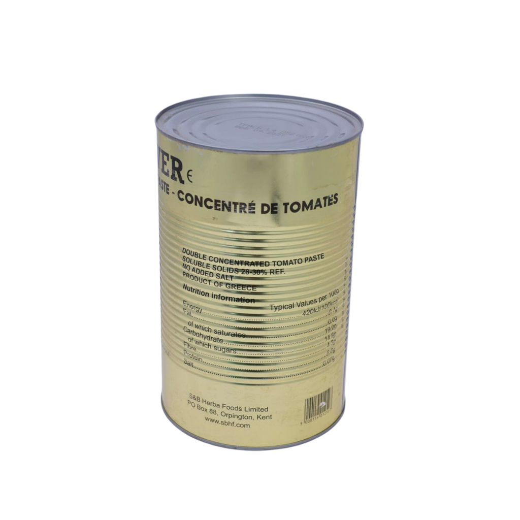 Back of the White Tower Tomato Paste 4.550g pack showing the ingredients and cooking instructions