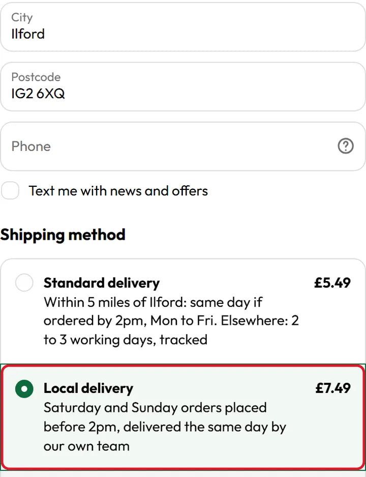 Checkout shipping method with the second option, Local delivery, selected: Saturday and Sunday orders placed before 2pm, delivered the same day by our own team